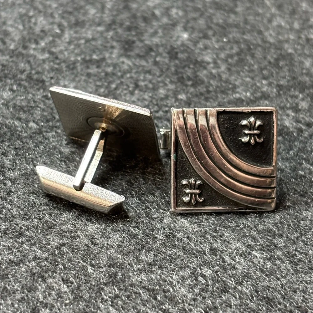 Silver and Black Square Cufflinks with Fleur-de-Lis and Curved Design